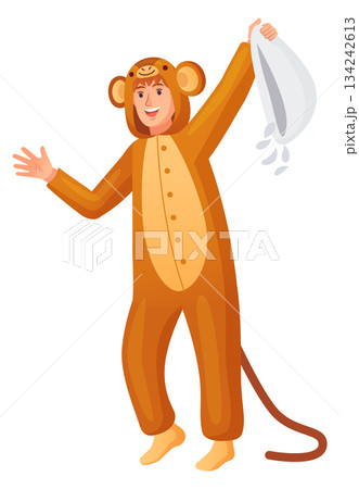 Man in monkey pajamas hold pillow. Animal sleepover icon 134242613