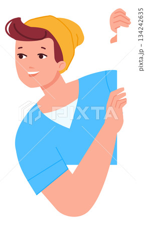 Young guy watching behind wall. Staring cartoon character Young guy watching behind wall. Staring cartoon character 134242635