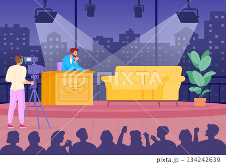 Tv interview show scene. Cartoon entertainment studio 134242639