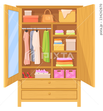 Open wardrobe. Cartoon wooden closet. Clothes storage 134242670