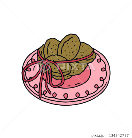 Hand drawn doodle cookies on a plate icon clipart vector illustration. Sketchy pastry line art 134242757