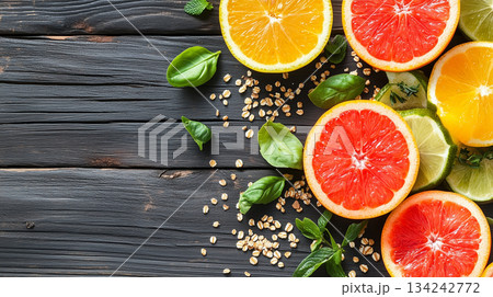 Top view of fresh various citrus fruits slices on wooden table with green leaves and cereals. Colorful healthy living concept 134242772