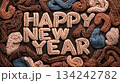 "Happy New Year" greeting made of knitted letters surrounded by knits and yarn festive celebration design 134242782