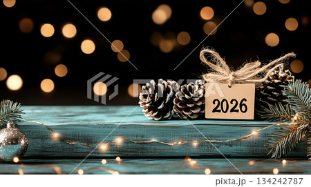 Festive New Year banner with garland, pine cones, paper tag with 2026 text, and golden bokeh lights on black background Festive New Year banner with garland, pine cones, paper tag with 2026 text, and golden bokeh lights on black background 134242787