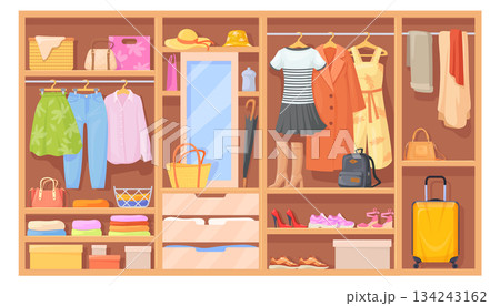 Clothes storage. Home wardrobe sections in wooden closet 134243162