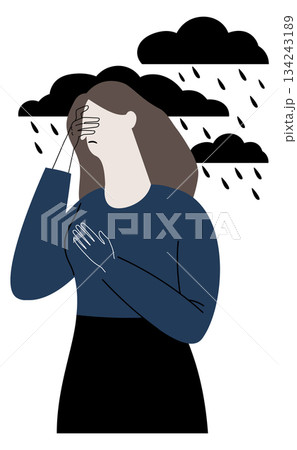Depression problem drawing. Negative mood female character 134243189