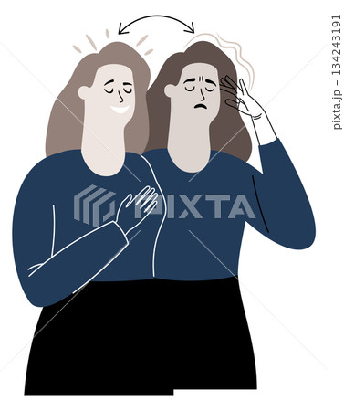 Mood swing drawing. Negative and positive emotion woman Mood swing drawing. Negative and positive emotion woman 134243191