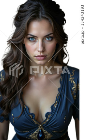 Portrait of a woman with brown hair and bright blue eyes in a blue dress with gold embroidery Portrait of a woman with brown hair and bright blue eyes in a blue dress with gold embroidery 134243193