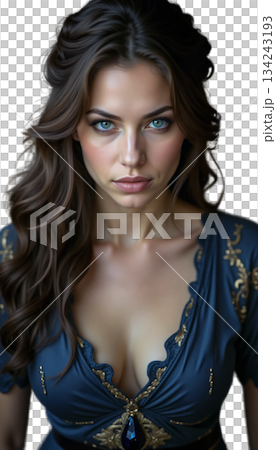 Portrait of a woman with brown hair and bright blue eyes in a blue dress with gold embroidery Portrait of a woman with brown hair and bright blue eyes in a blue dress with gold embroidery 134243193