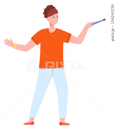 Female painter. Creative woman with brush. Artist character 134243256