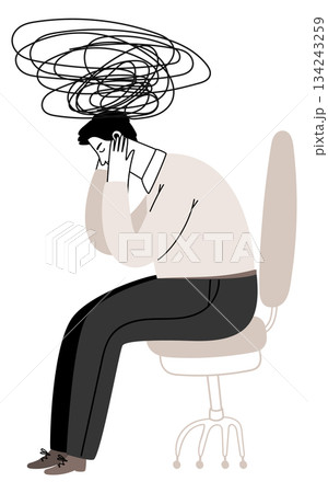 Man with headache and anxiety. Stressed depressed person sit on chair Man with headache and anxiety. Stressed depressed person sit on chair 134243259
