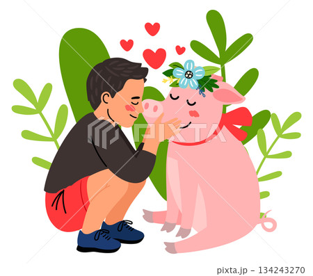 Friend not food logo. Boy hug cute pig Friend not food logo. Boy hug cute pig 134243270