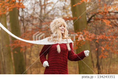 Fashion woman running in fall autumn park forest. Fashion woman running in fall autumn park forest. 134243351