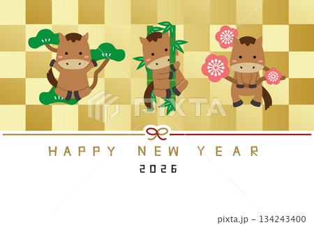 HAPPY NEW YEAR　年賀状2026　松竹梅馬　金屏風 134243400