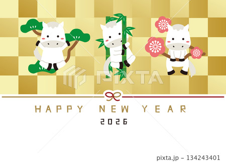HAPPY NEW YEAR　年賀状　年賀状2026　松竹梅白馬　金屏風 134243401
