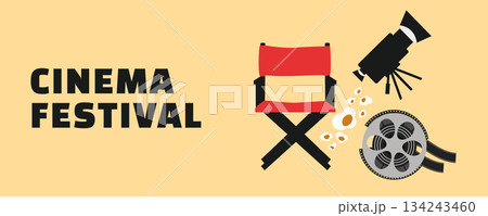 Cinema Festival Banner with Director Chair, Movie Camera, Popcorn and Film Reel in Flat Illustration Style 134243460