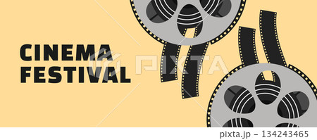 Cinema Festival Banner with Vintage Film Reels and Film Strips in Modern Vector Style 134243465