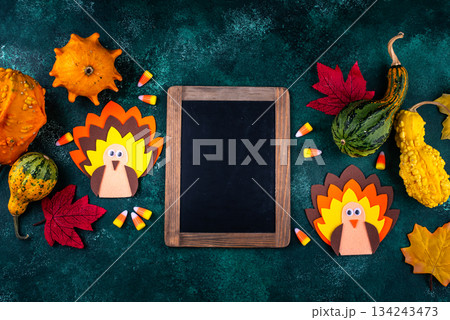 Thanksgiving day background with craft turkey 134243473