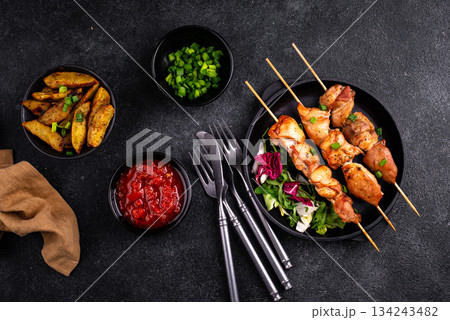 Chicken skewers kebab with vegetables 134243482