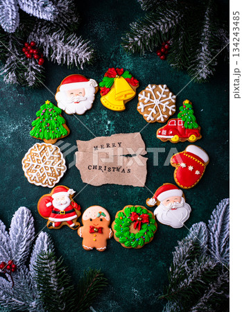 Homemade Christmas gingerbread cookies with Icing 134243485