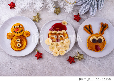 Pancakes in the shape of Santa reindeer Pancakes in the shape of Santa reindeer 134243490