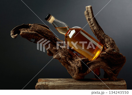 Bottle of whiskey on a old snags. 134243550