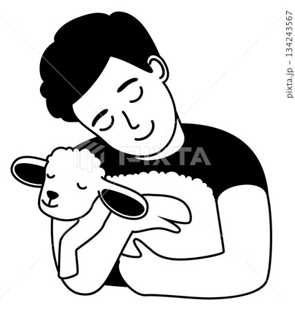Boy hug baby lamb. Cute animal friend 134243567