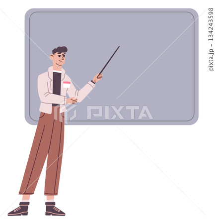 Young teacher character. Man stand at blank blackboard Young teacher character. Man stand at blank blackboard 134243598