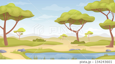 African landscape. Savannah trees. Cartoon nature scene 134243601