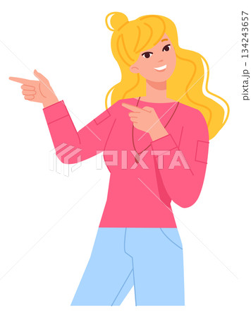 Girl pointing finger. Cartoon woman show aside Girl pointing finger. Cartoon woman show aside 134243657