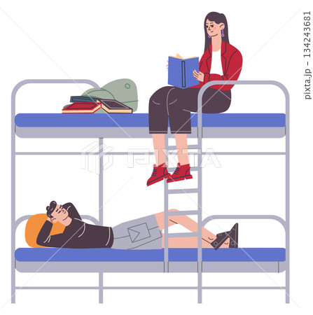 Students in university dorm sitting on beds color icon 134243681
