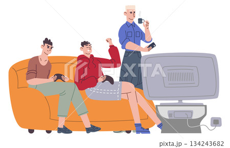 Friends play game console together color characters 134243682