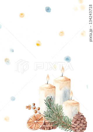 Watercolor Christmas illustration with candle, fir branch, pine cone and falling snow. Light winter background with copy space for greeting card, invitation, poster or social media design. 134243718