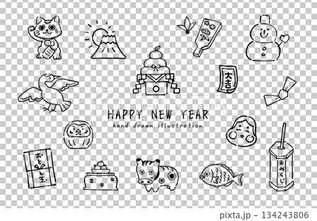 手繪新年插畫集:新年圖標,簡約線條畫 手繪新年插畫集:新年圖標,簡約線條畫 134243806