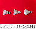 Three white feather shuttlecocks arranged in a row against a bold red background 134243841