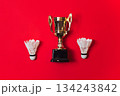 Golden Trophy Flanked By Two White Shuttlecocks Against A Vibrant Red Background 134243842