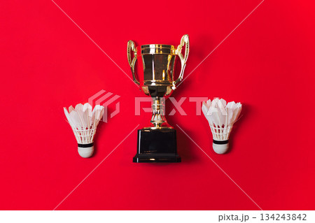 Golden Trophy Flanked By Two White Shuttlecocks Against A Vibrant Red Background Golden Trophy Flanked By Two White Shuttlecocks Against A Vibrant Red Background 134243842