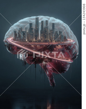 human brain with a glowing city skyscrapers inside, generative ai human brain with a glowing city skyscrapers inside, generative ai 134243908