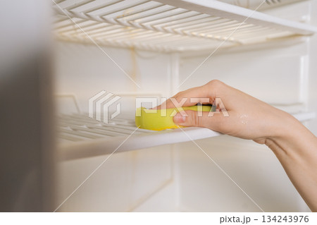 Person cleaning empty refrigerator shelf, wiping down interior with yellow sponge, focusing on hygiene, domestic chores and home kitchen sanitation. Concept of household chores and housework. 134243976
