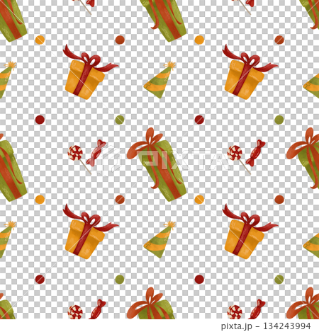 Seamless pattern festive in autumn colors. Gift boxes, confetti, candy. This is a watercolor design element for printing, packaging, prints, decor 134243994