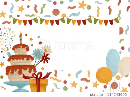 Festive watercolor template of a postcard in autumn colors: cake, candle, flowers, gifts, balloons, garland, confetti. For design in printing 134243996