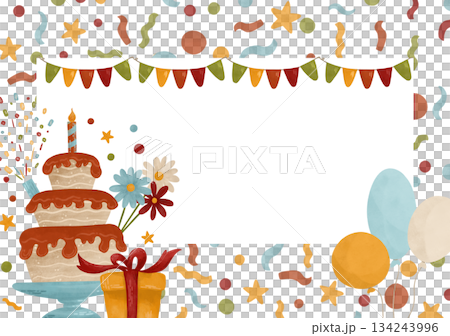 Festive watercolor template of a postcard in autumn colors: cake, candle, flowers, gifts, balloons, garland, confetti. For design in printing 134243996