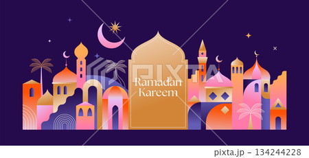 Ramadan Kareem greeting card template and wallpaper design. Modern geometric Islamic city landscape 134244228