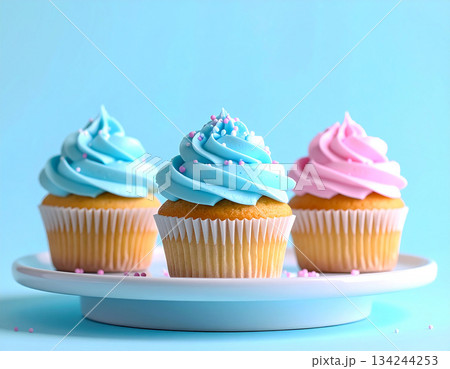 Cafe blogs. Various cupcakes in pastel colors on dessert stand with soft lighting. 134244253