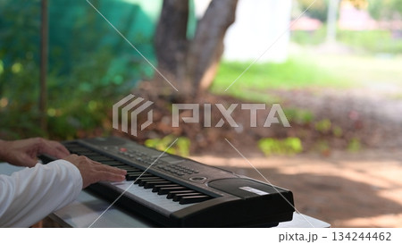Keyboard Performance Hand Of Player In Outdoor Light, Practicing Key With Serene Background 134244462