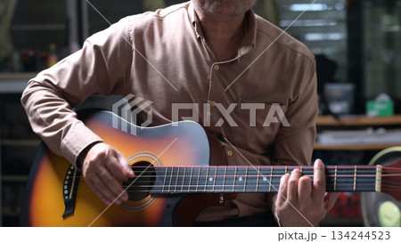 Brown Guitar Serenade Man In Shirt Playing Acoustic Music For Relaxation, Vocalists Performance 134244523