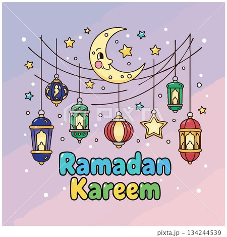 Colorful Ramadan Kareem Greeting with Lanterns and Crescent Moon 134244539