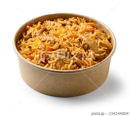 take away box of spicy rice with chicken meat and carrots 134244804