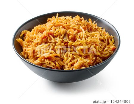 bowl of spicy rice with chicken meat and carrots 134244805