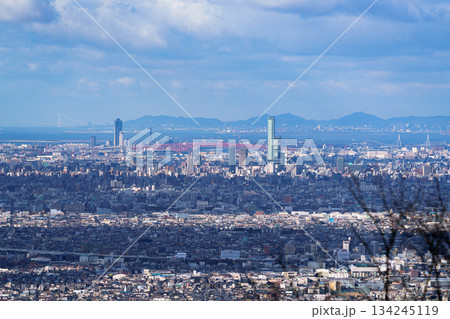 奈良と大阪の府県境　大阪府八尾市十三峠からの眺望　コスモタワー　あべのハルカスと明石海峡 134245119
